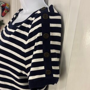 Ralph Lauren Navy Blue and White Striped Short Sleeve Top with button detail